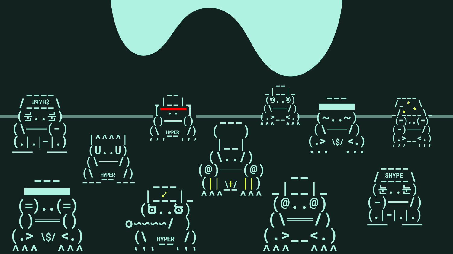 A collage of HyperFrogs showing different ASCII faces, hats, and outfits