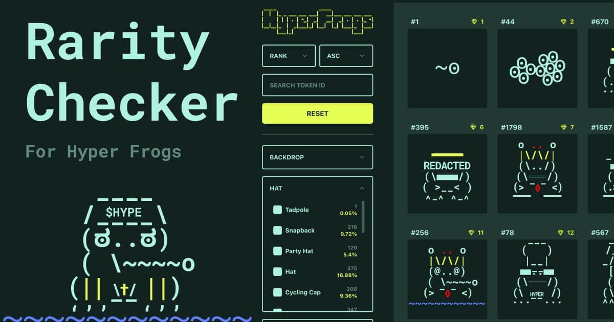 HyperFrogs rarity checker with ranked frogs, token-ID search, and trait filters
