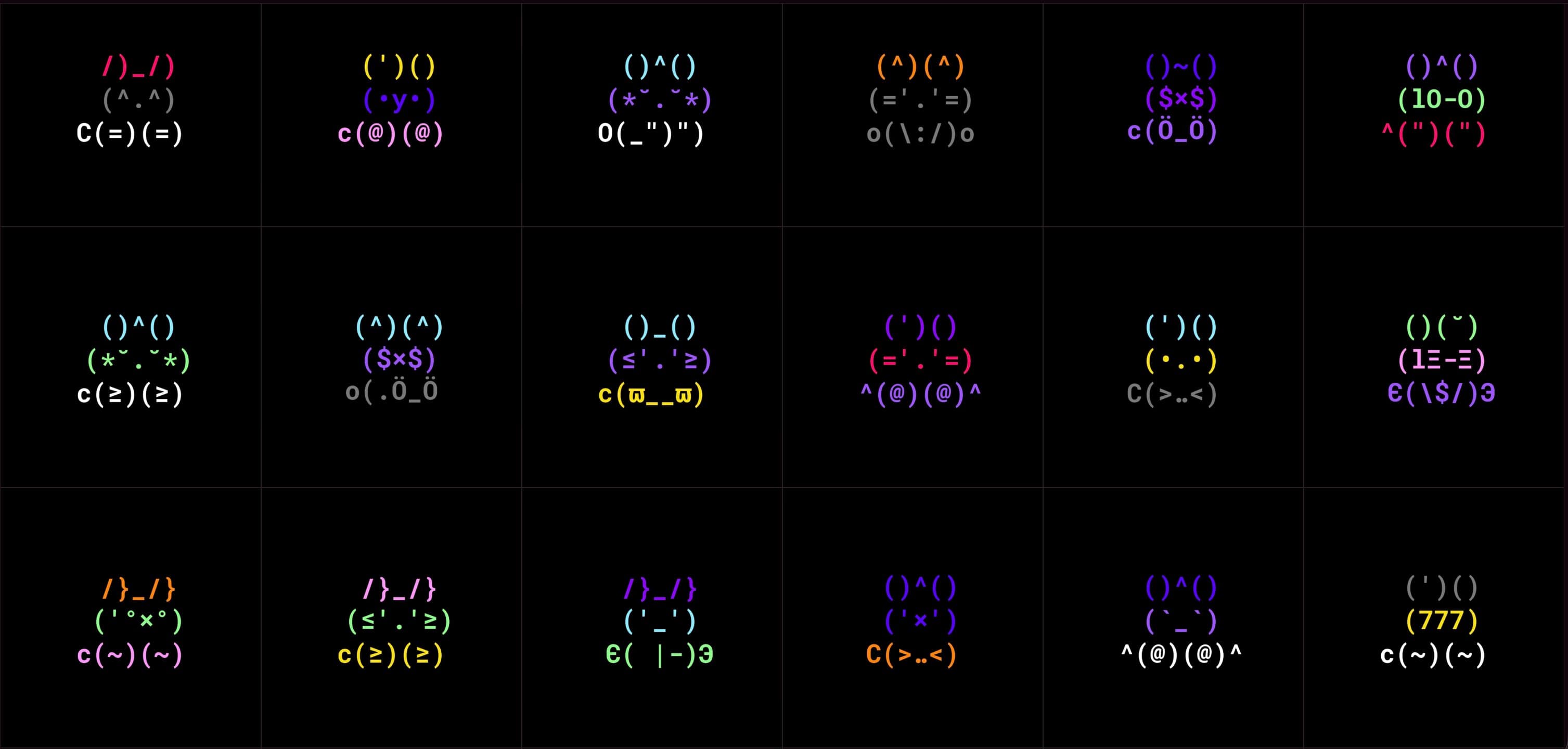 ASCII Bunnies collection showing colorful text-character rabbits