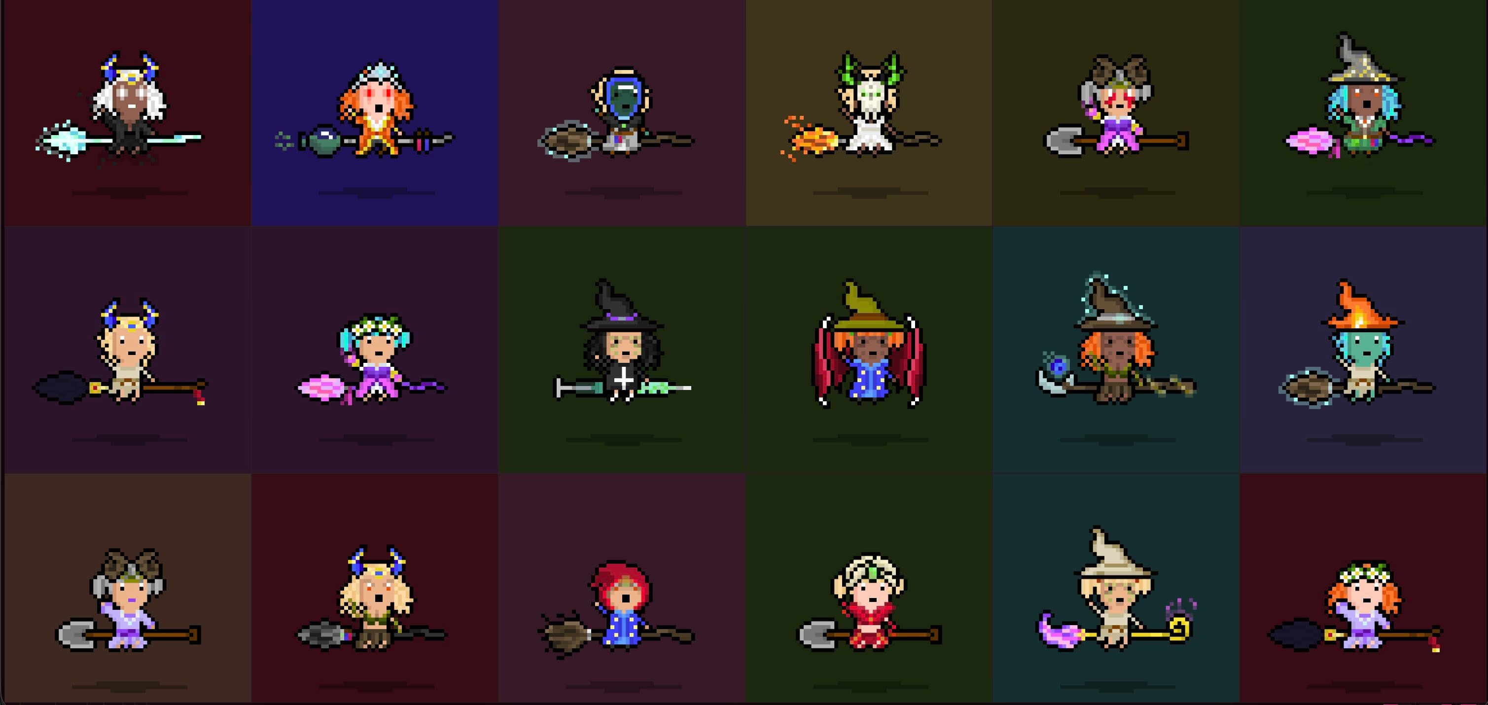 Pixel Witches collection with varied characters, outfits, and magical effects