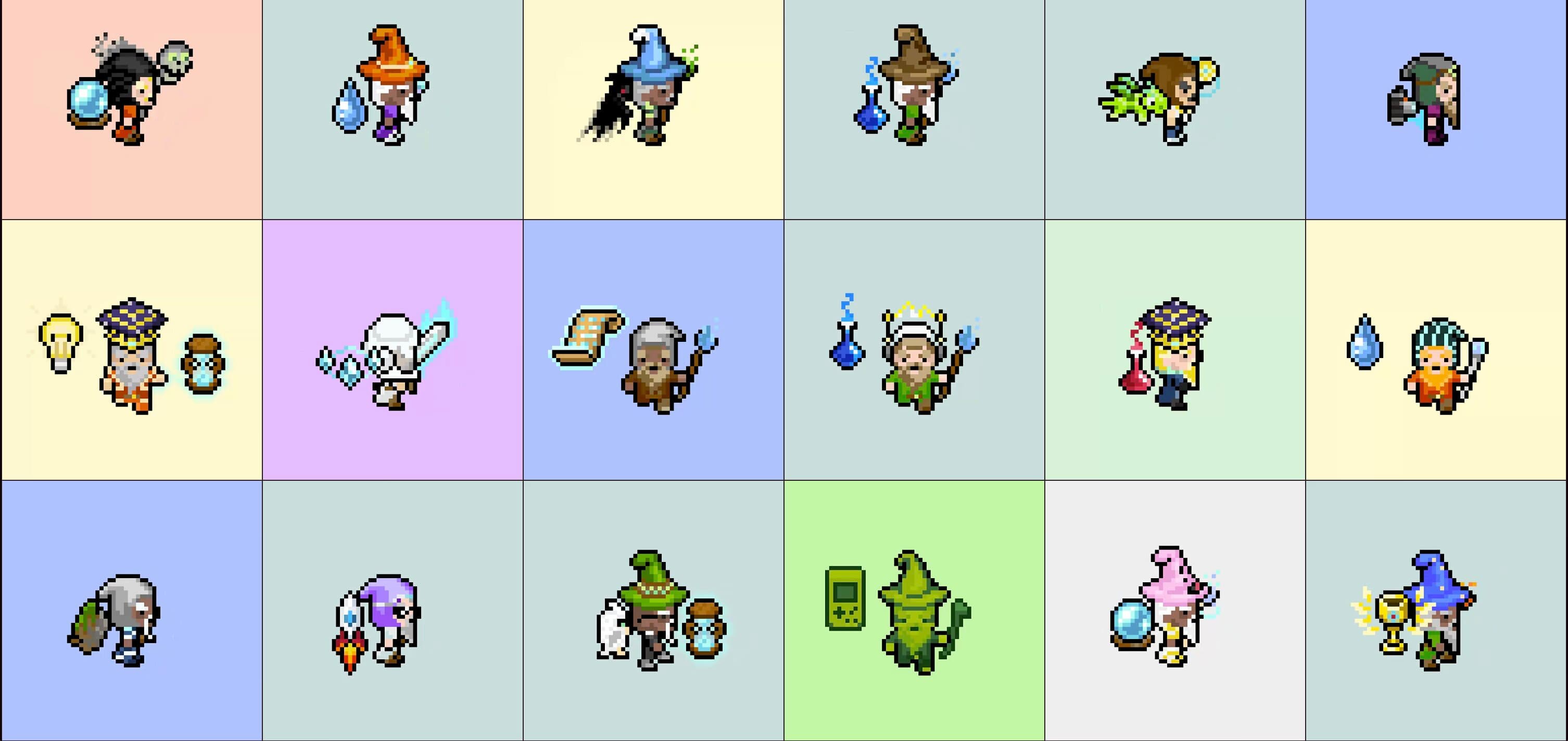 Pixel Wizard Sprites collection showing wizard characters from multiple directions