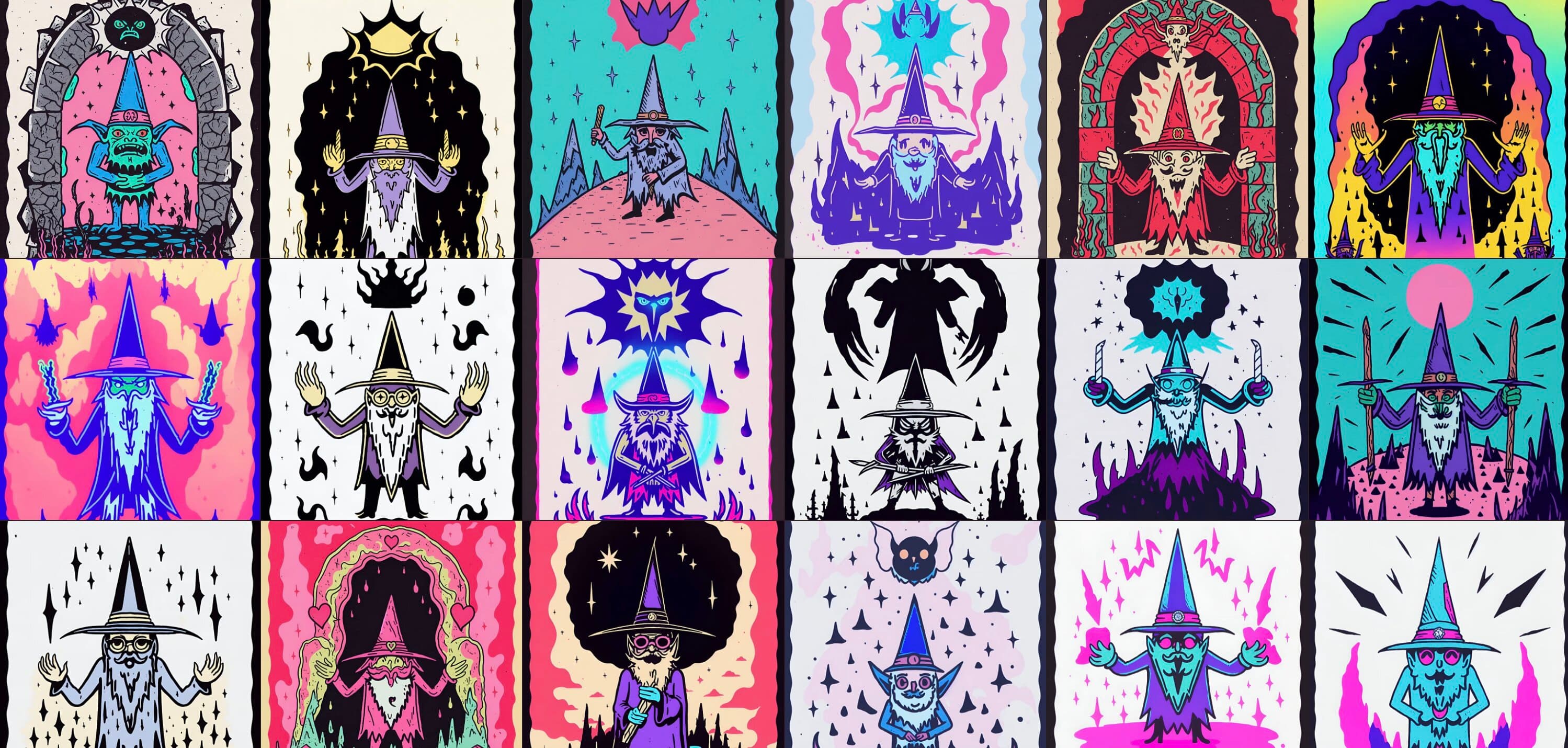 Risographic Doodle Wizards collection with colorful illustrated wizards